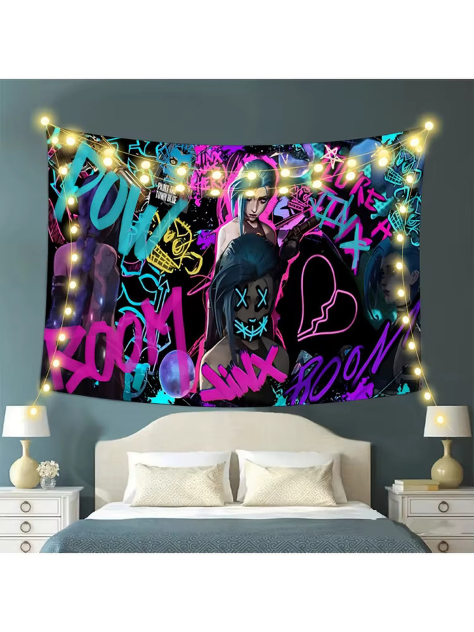VIKAMA League of Legends Jinx Wandteppich im Neon-Graffiti-Cyberpunk-Stil, Mehrfarbiger Wandbehang für dein Gaming-Zimmer - Bild 5