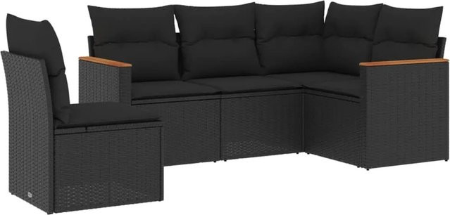 vidaXL 5-tlg Garten-Sofagarnitur in L-Form aus Polyrattan und Akazienholz mit Kissen, Schwarz - Bild 1
