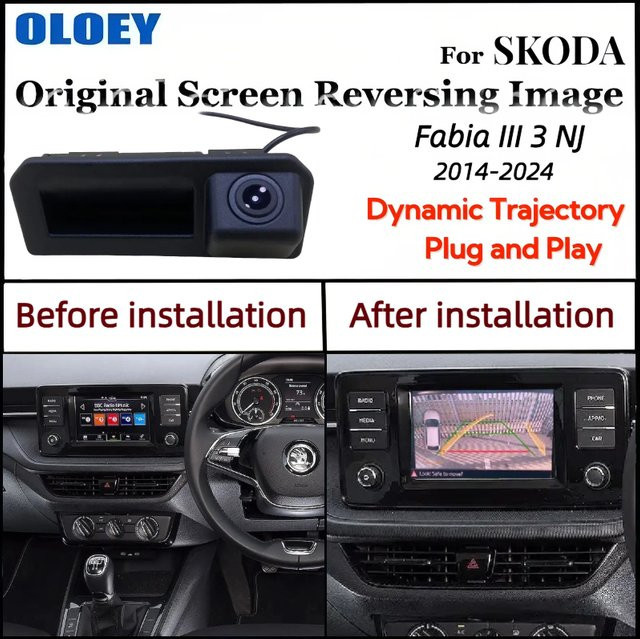 OLOEY Rückfahrkamera mit dynamischer Flugbahn für Skoda Fabia III 3 NJ (2016-2024) MIB Upgrade, Schwarz - Bild 1