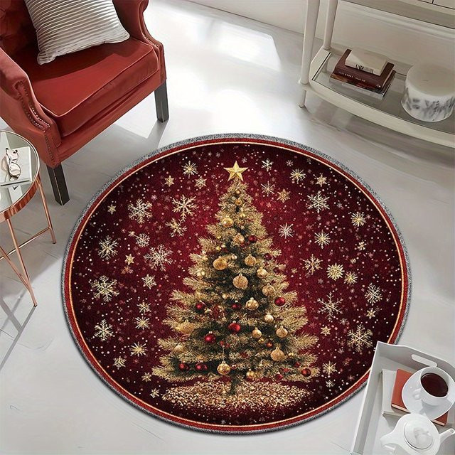 VIKAMA Rund Teppich mit Weihnachtsmuster in Purpurrot und Schneeflocken-Design für Wohnzimmer und Schlafzimmer, Durchmesser: 80 cm - Bild 1