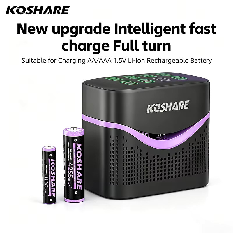 KOSHARE 8-fach Smart LCD Batterieladegerät in Schwarz inklusive 4255mWh und 110mWh AA AAA Lithium-Ionen-Akkus - Bild 3
