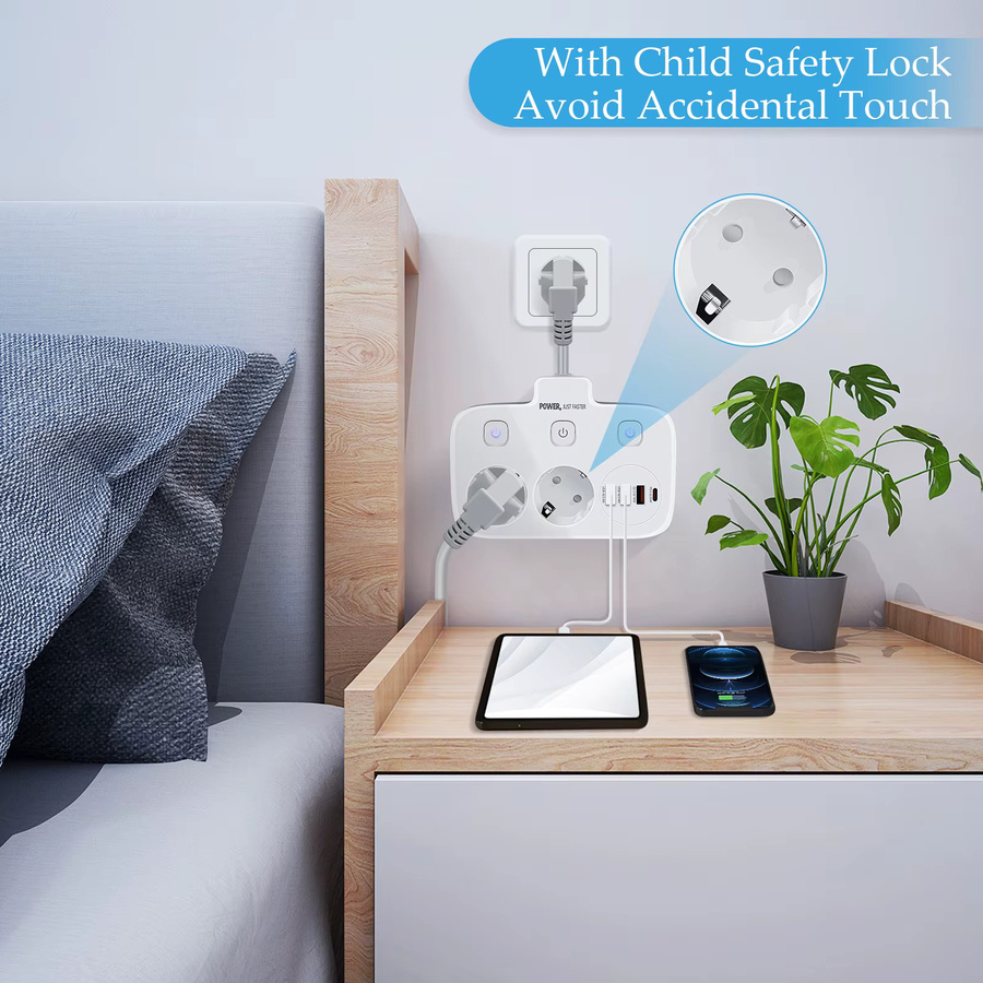 HITRENDS 6-in-1 EU-Steckdosenleiste in Weiß mit 2 AC-Steckdosen, 3 USB-Typ C PD20W Schnellladeanschlüssen und Überspannungsschutz - Bild 2
