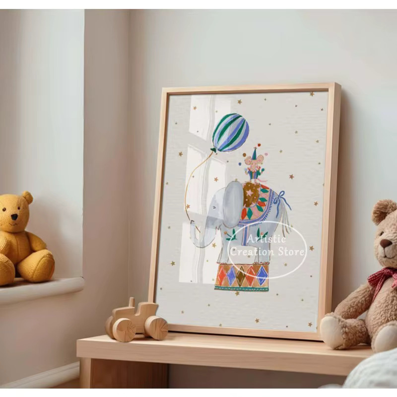 Potdemiel Aquarell Wandkunst Leinwand Poster mit Zirkus Karussell und Tieren für den Kindergarten - Bild 2