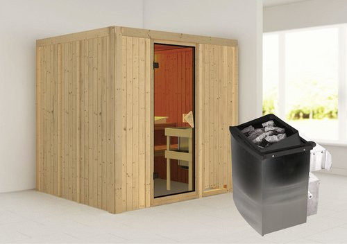 Karibu Sauna Rakvere aus Fichtenholz mit 9 kW Saunaofen und integrierter Steuerung für 3 Personen, beige, B/T/H: 198 x 170 x 196 cm - Bild 1