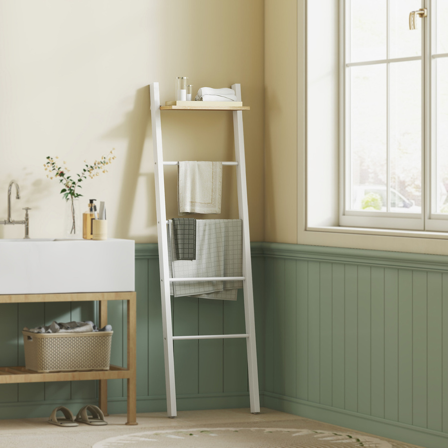 HOMCOM Handtuchleiter mit oberer Ablage und 4 Stangen, freistehendes Leiterregal für Badezimmer, Schlafzimmer und Wohnzimmer, Weiß und Eiche, B/T/H: 43 x 20 x 151 cm - Bild 2