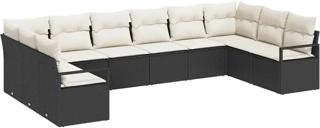 vidaXL Garten-Sofa-Set 10-teilig in U-Form aus Poly-Rattan und Stahl, Schwarz-Creme mit Polstern - Bild 1
