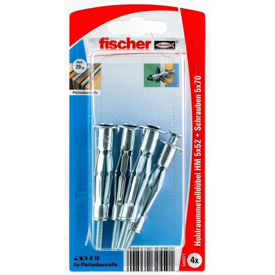 Fischer Hohlraum-Metalldübel HM 5 x 52 SK aus Stahl in Silber mit Senkkopfschraube, 4 Stück - Bild 2