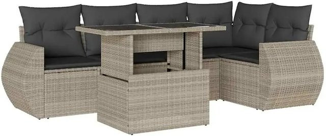vidaXL 6-tlg. Garten-Sofagarnitur in L-Form aus Poly-Rattan mit Kissen in Hellgrau - Bild 1