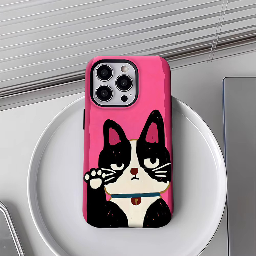 Handyhülle Glückliche Smoking-Katze für Apple iPhone 12 bis iPhone 18 Pro Max Plus in Pink mit doppelschichtiger Rückabdeckung - Bild 4