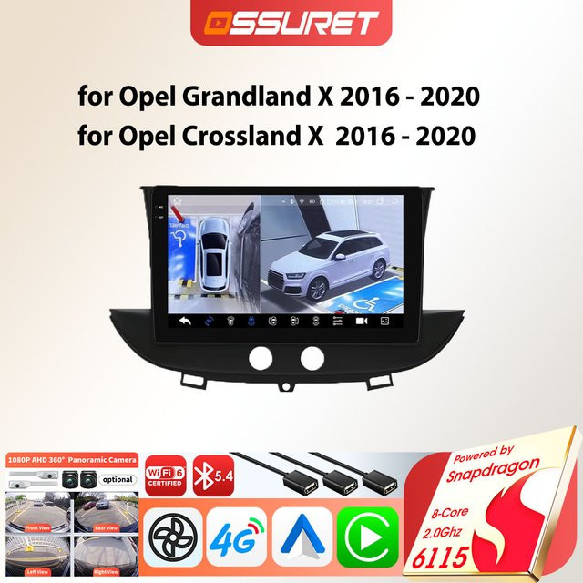 OSSURET Android Autoradio-Player für Opel Grandland X 2016–2020 und Crossland X mit Snapdragon 6115, Carplay, GPS und 360 Cam, Schwarz - Bild 1