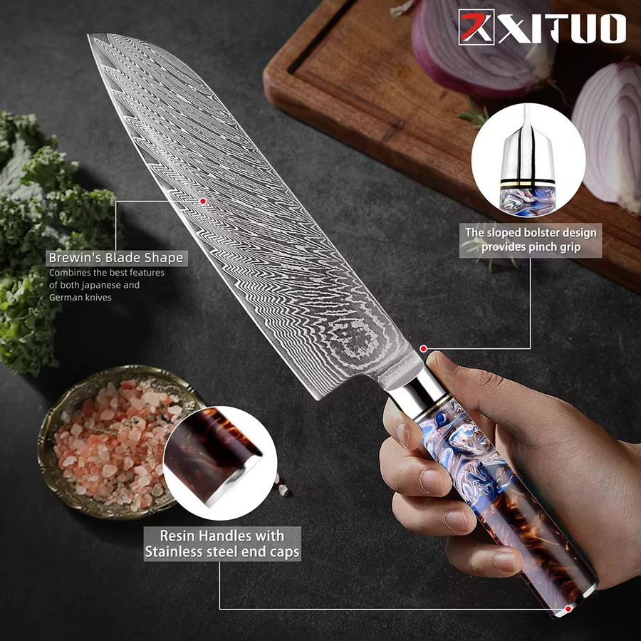 XITUO Professionelles Kochmesser-Set aus Damaststahl mit Harzgriff, 1–7 Stück, Multicolor - Bild 3