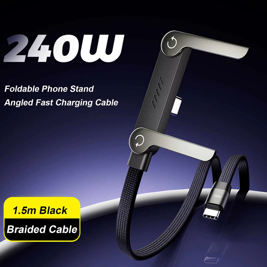 Alloet USB-C zu USB-C Schnellladekabel mit integriertem Telefonständer, 240W, Schwarz - Bild 2