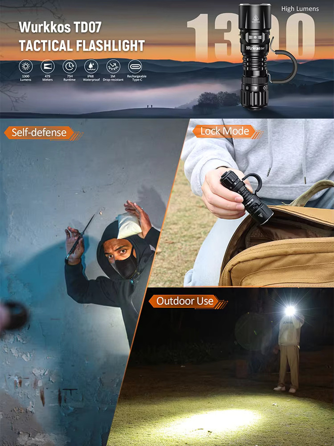 Wurkkos TD07 Taktische Taschenlampe Schwarz mit 1300 Lumen und IP68 Schutz, wiederaufladbar für Camping und Rettungseinsätze - Bild 5