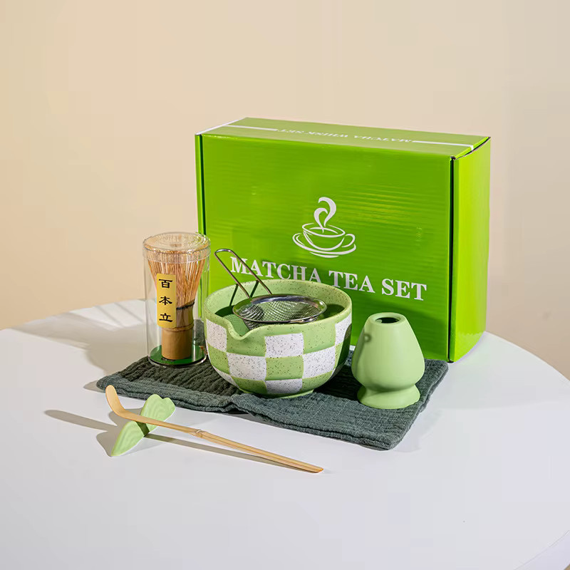 BespritGift 7-teiliges Matcha-Teeset aus Keramik und Bambus in Orange und Grün - Bild 1