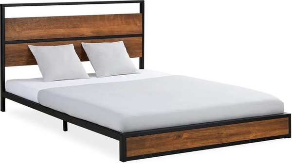 Homestyle4u Doppelbett im französischen Stil aus Metall und Rubberwood mit Matratze, Schwarz/Braun, B/T/H: 145 x 200 x 76 cm