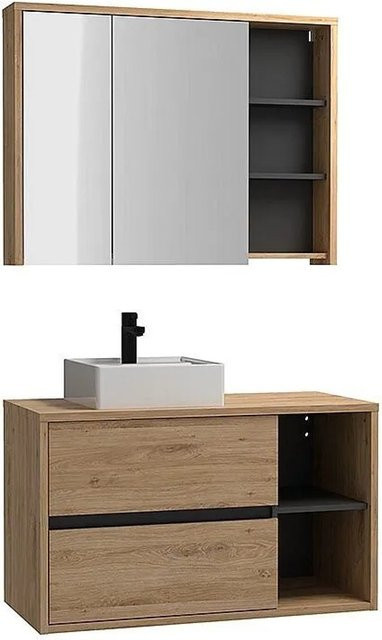 PURNAL Badmöbel-Set mit Hänge-Unterschrank, Waschbecken und Spiegelschrank in Naturfarben, Breite: 100 cm - Bild 1