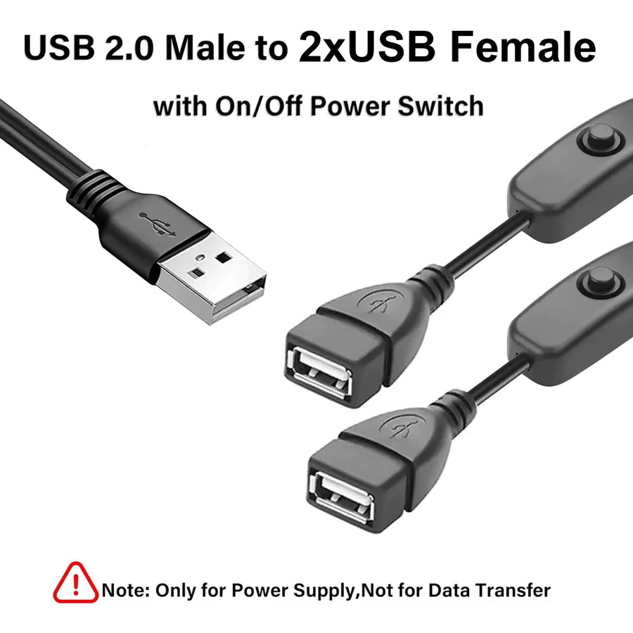USB 1-in-2 Verlängerungskabel mit Ein-/Ausschalter in Schwarz, USB-A Stecker auf USB-A Buchse Hub-Splitter als Ladekabel für LED-Lampen, Lüfter und LED-Streifen - Bild 2
