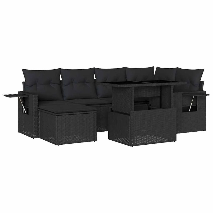 vidaXL 7-tlg. Garten-Sofagarnitur in L-Form aus schwarzem Poly-Rattan mit Kissen und pulverbeschichtetem Stahlgestell - Bild 2