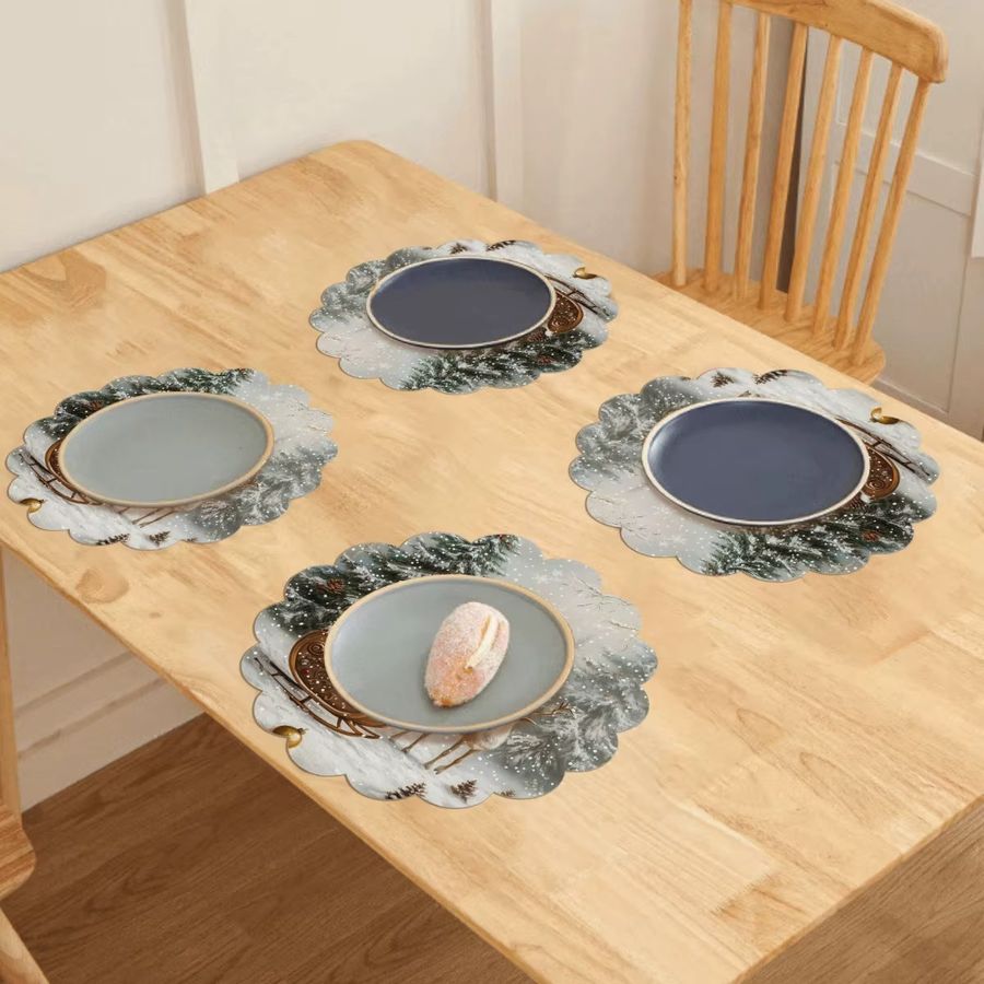 VIKAMA 4er Set Tischsets mit Weihnachtsmann, Schlitten und Rentier Motiven in runder Form für deine Weihnachtsdekoration - Bild 4