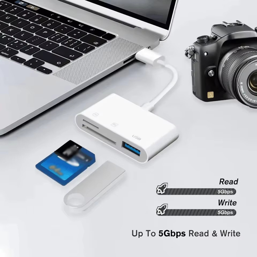 3-in-1 USB Typ-C Adapter mit TF und SD Speicherkartenleser in Weiß für iPhone 16 15 Pro Max Plus und OTG-Funktion - Bild 2
