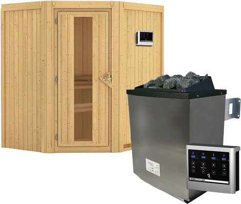 Karibu Sauna Narva aus Fichtenholz mit 9 kW Saunaofen und externer Steuerung für 3 Personen, beige, B: 198 cm, T: 170 cm, H: 151 cm - Bild 1