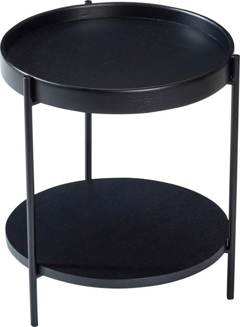 okwish Couchtisch rund aus Massivholz und Metall in Schwarz, 2-stöckiger Wohnzimmertisch, B/T/H: 44 x 44 x 48 cm - Bild 1