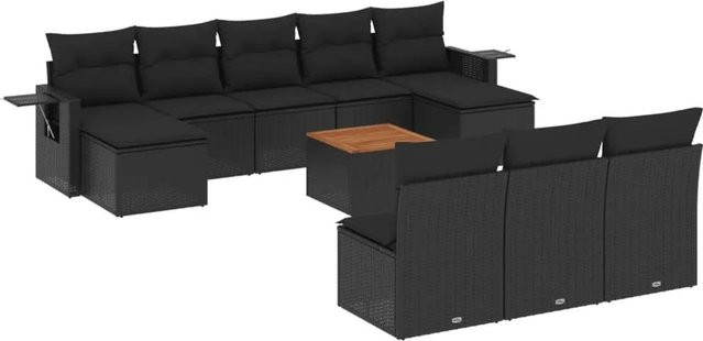 vidaXL 11-tlg Garten-Sofagarnitur in U-Form aus Poly-Rattan und Akazienholz mit Kissen in Schwarz - Bild 1
