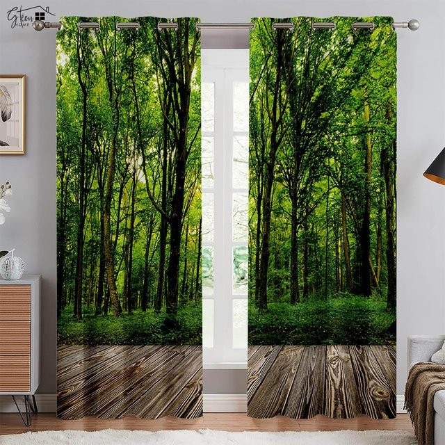 Wald 3D-Druck Vorhänge mit Naturmotiv Ahornblätter und Smaragdgrün, 2er-Set, halbtransparent, B: 50 cm, H: 130 cm - Bild 1