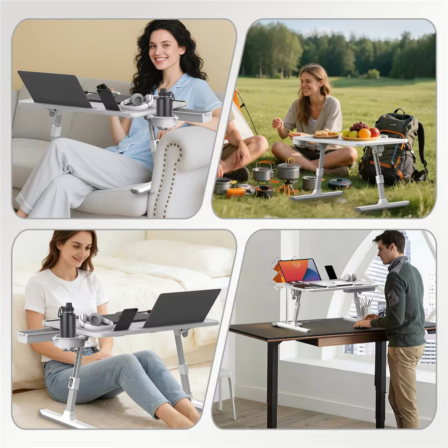 HGTUGO Klappbarer Computertisch in Weiß, Höhenverstellbarer Laptoptisch mit neigbarer Platte und 8 Stufen, Multifunktionaler Schreibtisch für Bett und Home Office, Tragkraft 15 kg - Bild 6