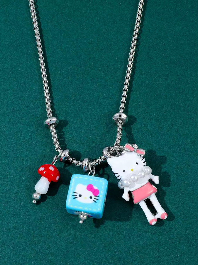 Bandai Halskette mit Katzen-Anhänger, Pilz- und Quadrat-Charms, Silber, Kinder - Bild 4