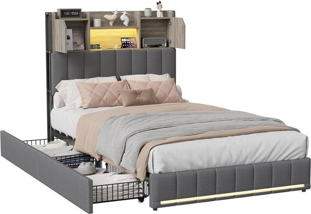 PXloue Polsterbett Grau mit Schubladen, LED-Beleuchtung, USB-Anschluss und Nachttischregal, B/T/H: 90 x 200 x 127 cm - Bild 1