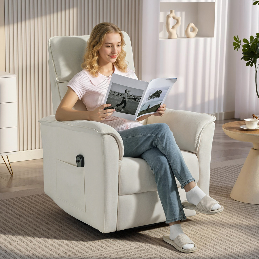 HOMCOM Elektrischer Relaxsessel in Cremeweiß mit Liegefunktion, verstellbarer Rückenlehne, Kopfstütze und Wippfunktion in Chenille-Optik - Bild 2