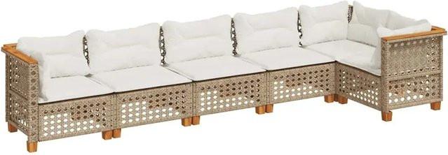 vidaXL 6-teilige Garten-Sofagarnitur in L-Form aus Poly-Rattan und Akazienholz mit Kissen in Beige und Cremeweiß - Bild 1