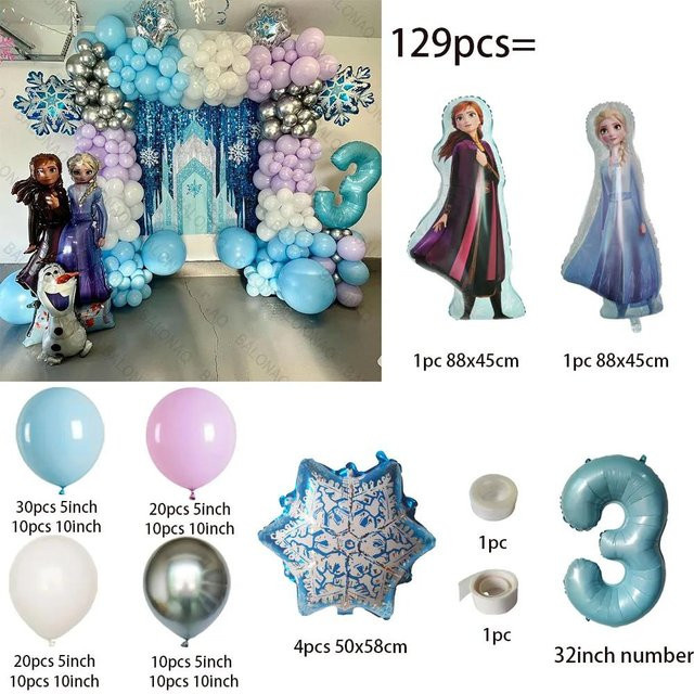 Discover Intime Frozen Prinzessin Ballon Girlande Set in Blau mit Zahlen-Folienballons und Schneeflocken für Mädchen Geburtstagsfeiern, 129 Stück - Bild 1