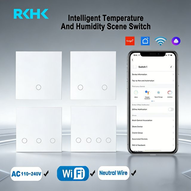 RKHK Smart Wifi Touch Lichtschalter mit Temperatur- und Feuchtigkeitssensor, Tuya Steuerung für Google Assistant und Amazon Alexa, Weiß - Bild 1