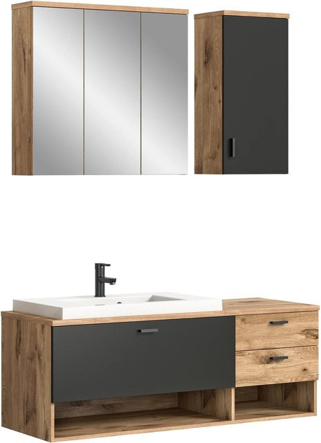 4-tlg. Badezimmer-Set xonox.home GRADO in Nox Oak Eiche, Wandmontage, B/H/T: 140 x 192 x 48 cm - Bild 1