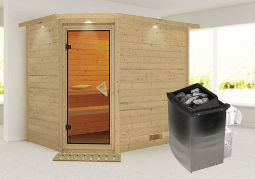 Karibu Sauna Kärdla aus Fichtenholz in Beige inklusive 9 kW Saunaofen mit integrierter Steuerung für 4 Personen B/T/H: 264 x 198 x 212 cm - Bild 1