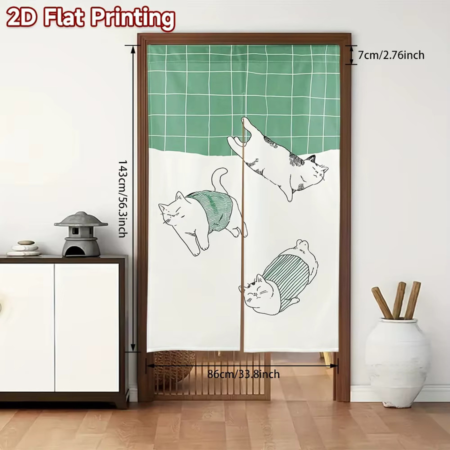 VIKAMA Grüner Gingham-Fenstervorhang mit Lazy-Cat-Motiv im nordischen Stil für Schlafzimmer und Arbeitszimmer - Bild 2