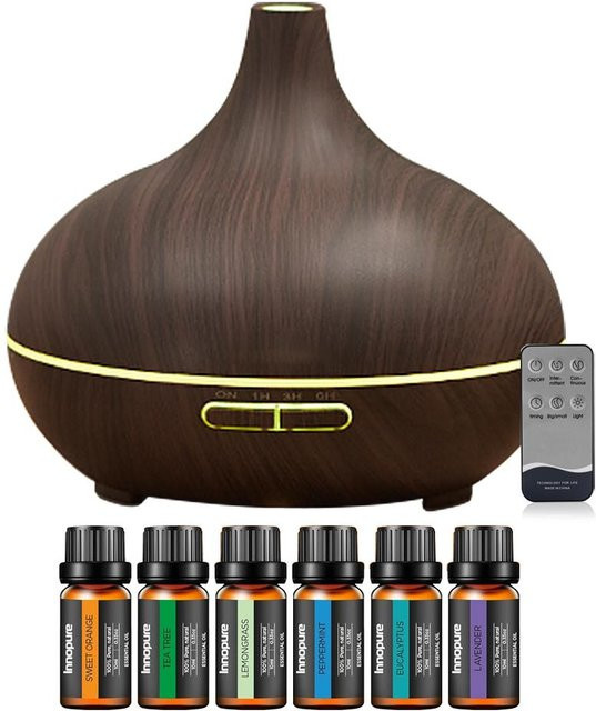 Nue Living Aromatherapie Diffusor und 6 Ätherische Öle Set, Ultraschall Diffusor Kaltnebel Luftbefeuchter mit 4 Timern und 7 Farben, Grau/Braun, Volumen: 550 ml - Bild 1