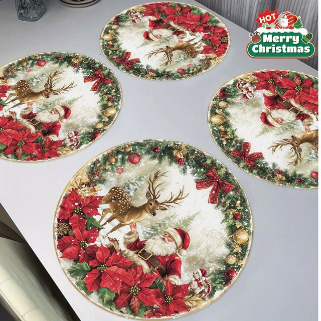 VIKAMA 4er-Set Weihnachtsmann und Rentier Tischsets, rund, mehrfarbig - Bild 1