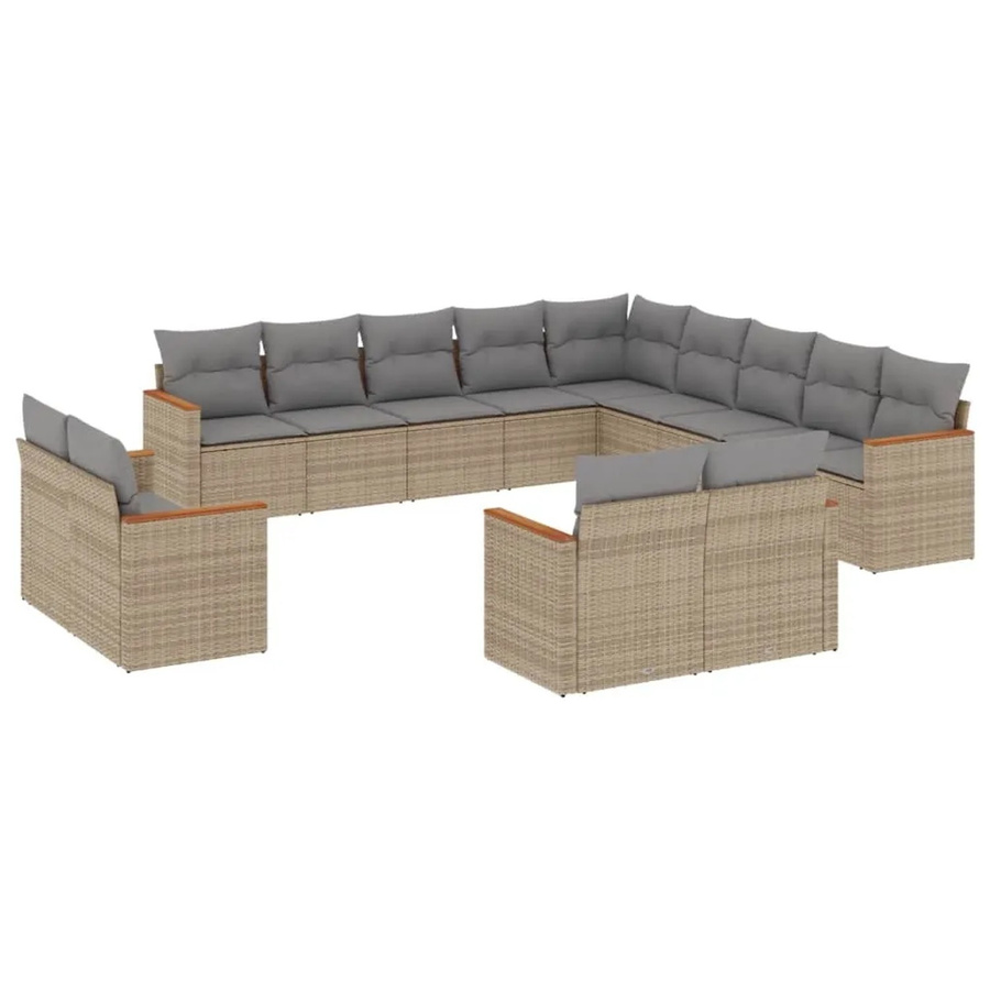 vidaXL 13-tlg. Garten-Sofagarnitur in U-Form aus Poly-Rattan und Akazienholz mit Kissen, Beige - Bild 2