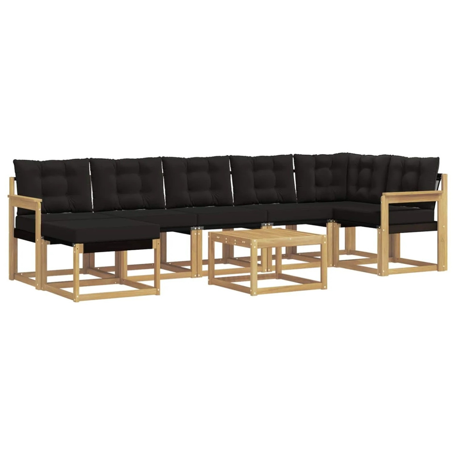 vidaXL Outdoor-Sofagarnitur 8-teilig in L-Form mit Kissen und Ottoman, Akazienholz, Weiß-Schwarz-Braun - Bild 2