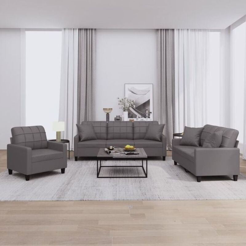 Vidaxl 3-tlg. Sofagarnitur in Grau aus Kunstleder mit Kissen im modernen Design - Bild 1