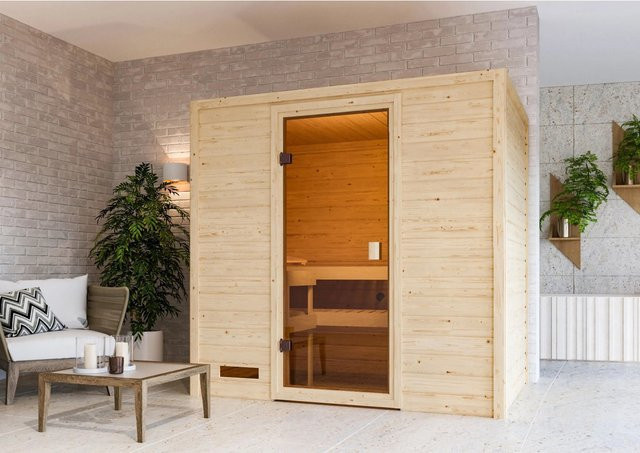 Karibu Sauna Selena mit LED-Dachkranz aus Fichten- und Espenholz in Natur/Braun - Bild 1