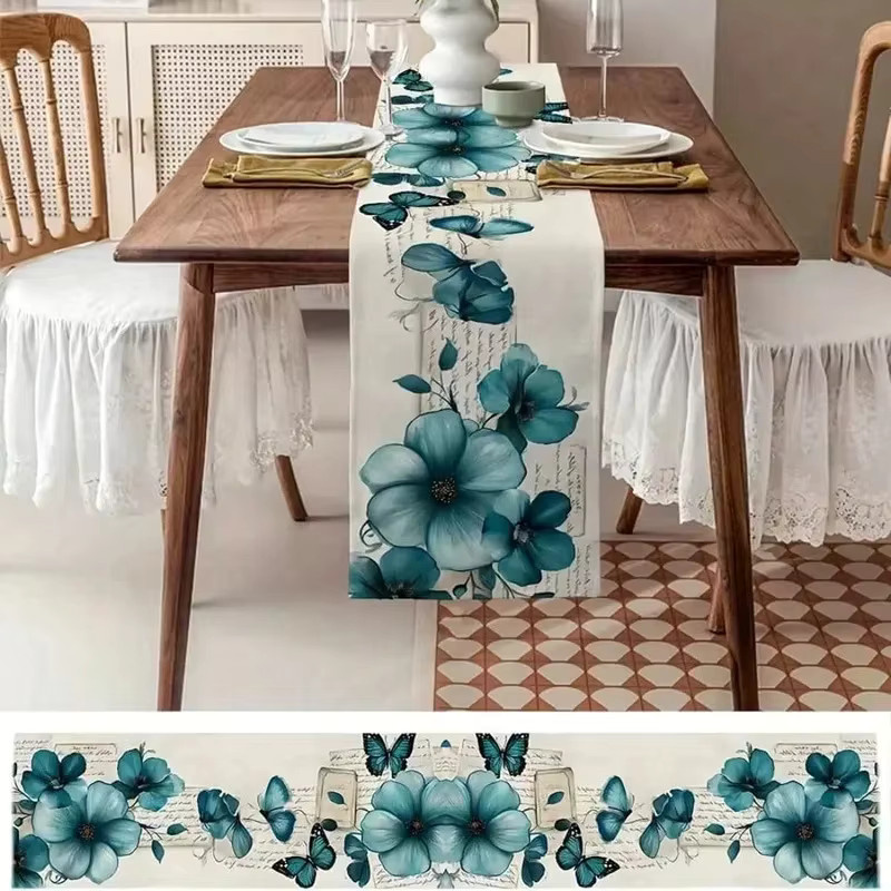 VIKAMA Retro-Tischläufer aus Leinen mit blauem Blumenmuster, rechteckig, B/H: 90 x 33 cm - Bild 4