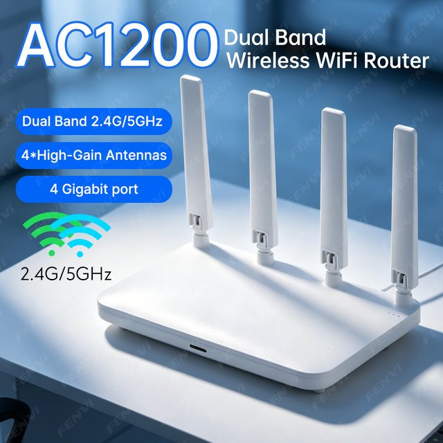 Fenvi AC1200 Dual-Band WLAN-Router mit Wi-Fi 5, 1200Mbps, Gigabit-WAN-Anschluss und WLAN-Repeater-Funktion, Weiß - Bild 1