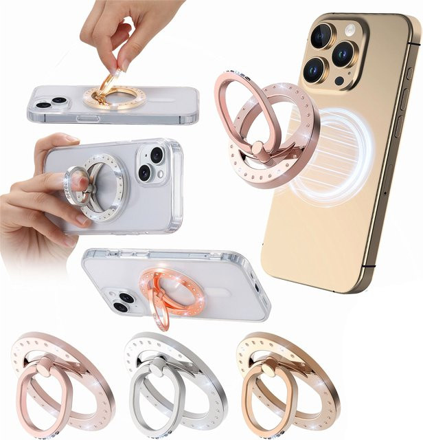 Glitzernder Strass Magnet-Telefonständer mit 360 Grad Drehung und Fingerring-Halter für MagSafe in Pink und Gold - Bild 1