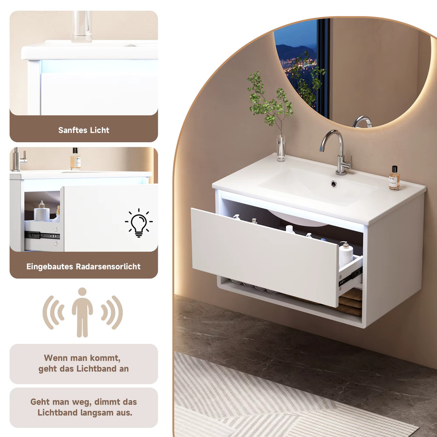 Svintora Badezimmer-Waschtisch in Weiß mit sensorischem LED-Licht, einer Schublade und offenem Regal, wandmontiert und modern - Bild 4