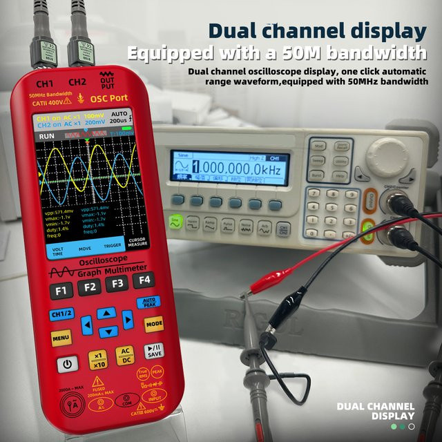 MAXRIENY Handoszilloskop-Multimeter mit DDS-Generator, 2 Kanäle, 50 MHz Bandbreite, 250 MSa/s Abtastrate, 20000 Zählungen und Voltmeter, Rot - Bild 1