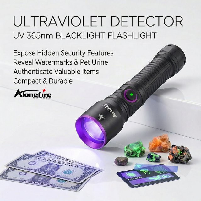 Alonefire 10W 365nm UV-LED Hochleistungs-Schwarzlicht-Taschenlampe in Schwarz, USB-aufladbar zur Detektion von Haustierflecken, Tinea und Geldscheinen - Bild 1